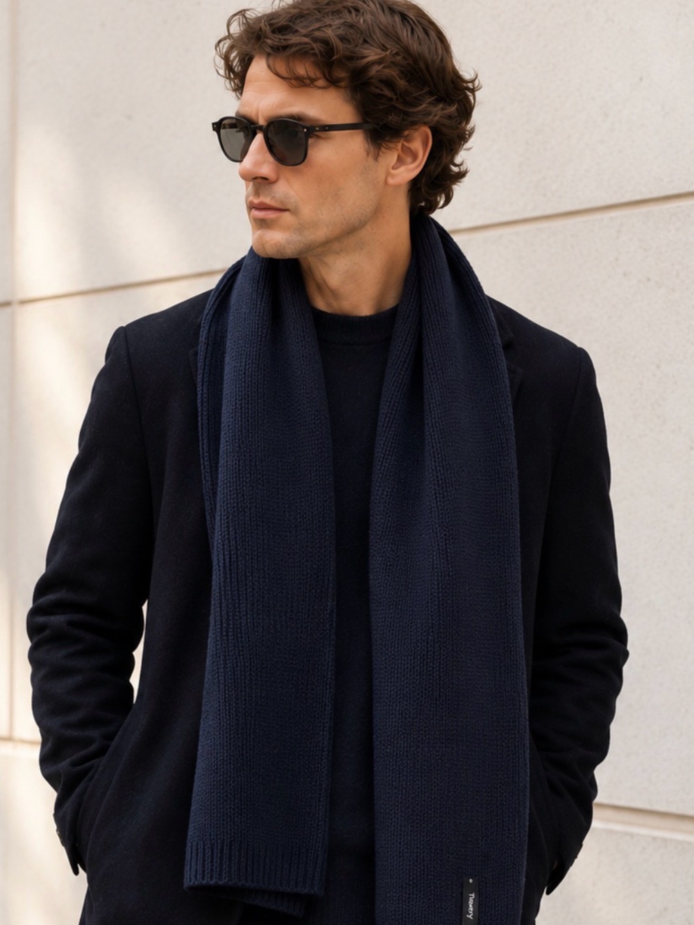 Theory Men’s 100% Merino Wool Navy Blue Oversized Ribbed Knit Scarf 88”x 10”